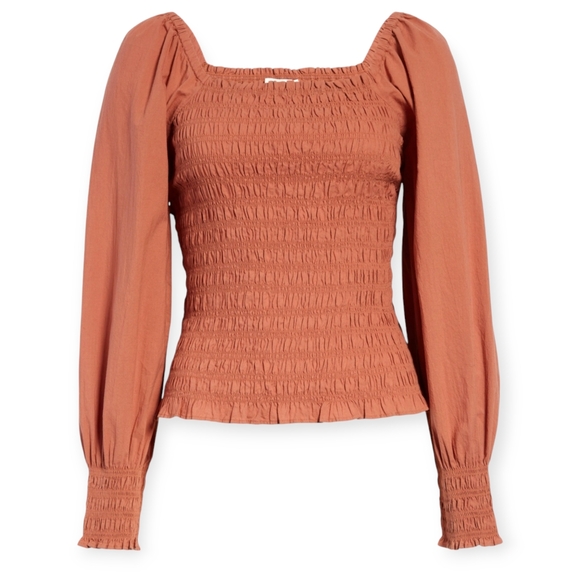 MADEWELL Lucie Bubble Sleeve Smocked Top in Warm Umber S - Picture 7 of 7